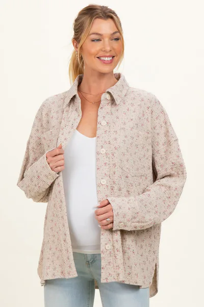 PinkBlush Oatmeal Floral Textured Knit Maternity Shirt Jacket