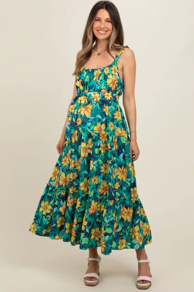 PinkBlush Yellow Floral Tiered Sash Tie Maternity Midi Dress