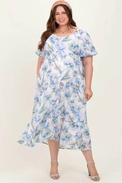 PinkBlush Blue Floral Chiffon Puff Sleeve Maternity Plus Midi Dress