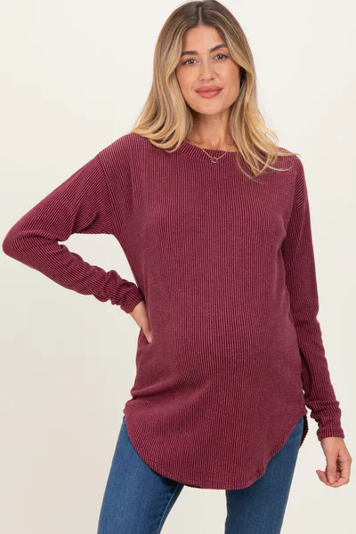 PinkBlush Burgundy Solid Ribbed Long Sleeve Maternity Tunic Top