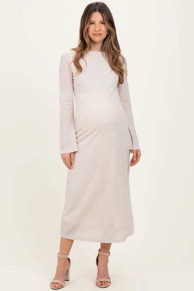 PinkBlush Beige Lace Jacquard Long Sleeve Maternity Midi Dress