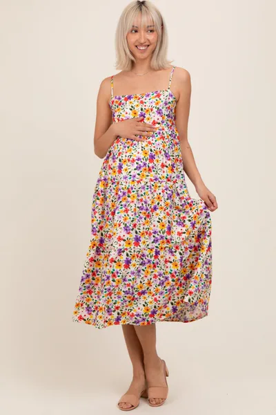 PinkBlush Ivory Floral Cami Strap Maternity Midi Dress