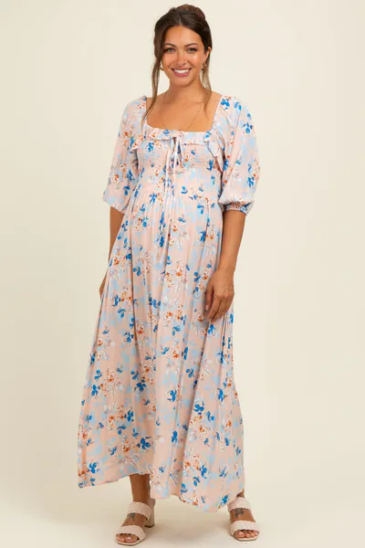 PinkBlush Peach Floral Smocked Front Tie Maternity Maxi Dress