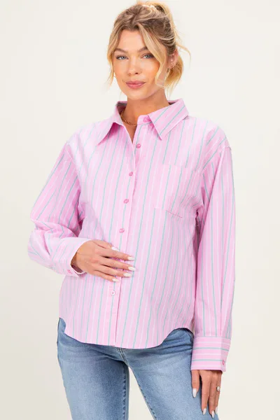 PinkBlush Pink Striped Long Sleeve Button Down Maternity Shirt