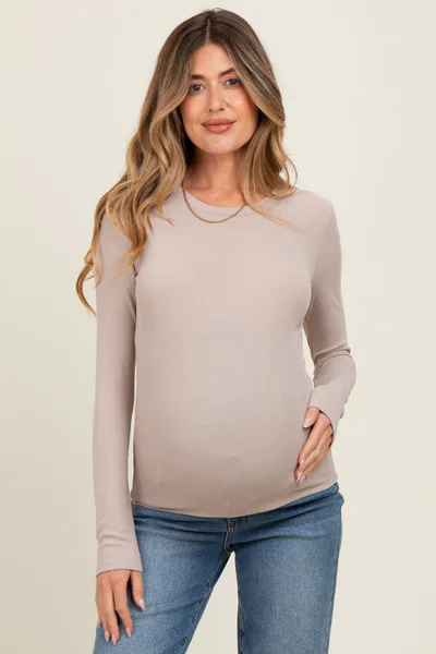 PinkBlush Beige Ribbed Maternity Long Sleeve Top