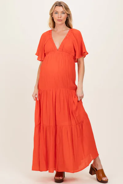PinkBlush Orange Flutter Sleeve Maternity Maxi Dress