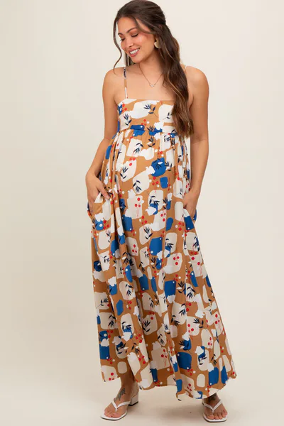 PinkBlush Taupe Leaf Print Open Lace-Up Back Maternity Maxi Dress