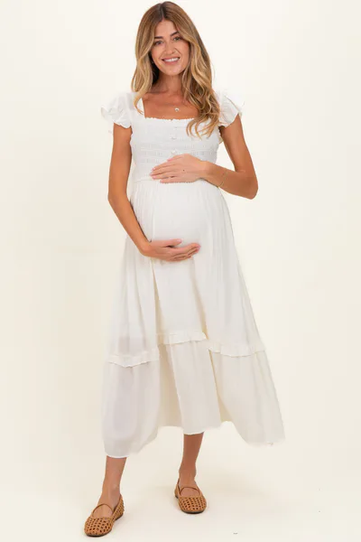 PinkBlush Natural Button Accent Smocked Ruffle Maternity Midi Dress