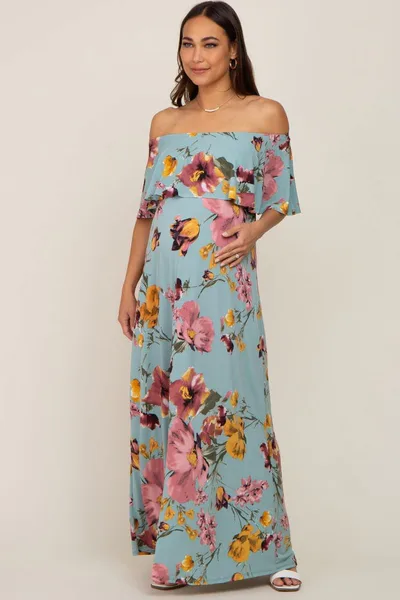 PinkBlush Mint Green Floral Off Shoulder Maternity Maxi Dress
