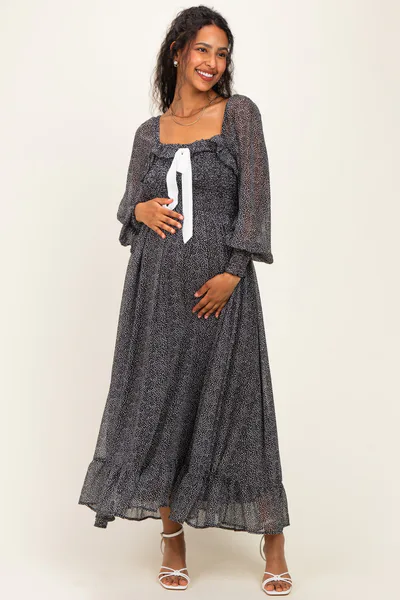 PinkBlush Black Dot Smocked Ribbon Tie Ruffle Maternity Maxi Dress