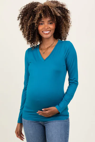 PinkBlush Teal Brushed Knit V-Neck Long Sleeve Maternity Top