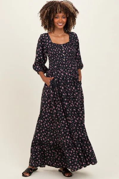 PinkBlush Navy Floral Smocked Button Accent Maternity Maxi Dress