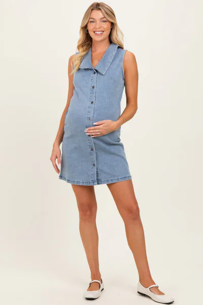 PinkBlush Denim Button Down Maternity Mini Shirt Dress