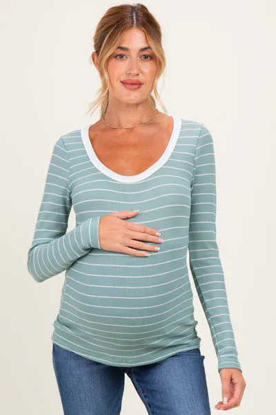 PinkBlush Mint Striped Long Sleeve Scoop Neck Maternity Top