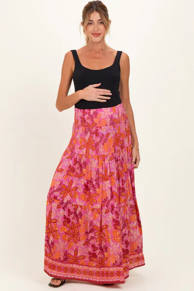 PinkBlush Fuchsia Floral Tiered Smocked Waistband Maternity Maxi Skirt