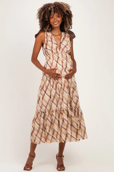 PinkBlush Brown Plaid Shoulder Tie Maternity Dress