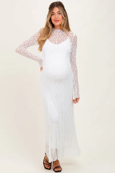 PinkBlush White Lace Mock Neck Long Sleeve Maternity Maxi Dress
