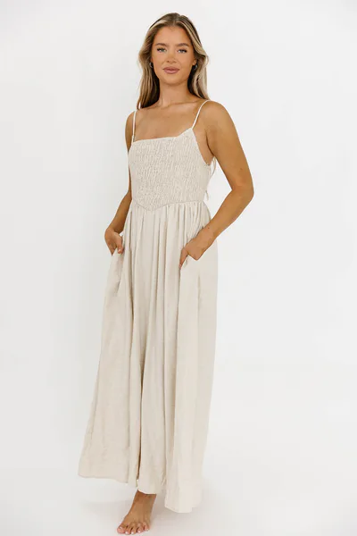 Worth Collective Josefina Smocked Maxi Dress in Natural - Bump Friendly