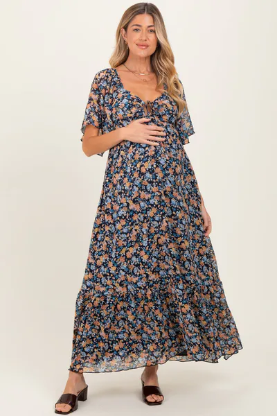 PinkBlush Navy Floral Sweetheart Neck Flutter Sleeve Maternity Maxi Dress