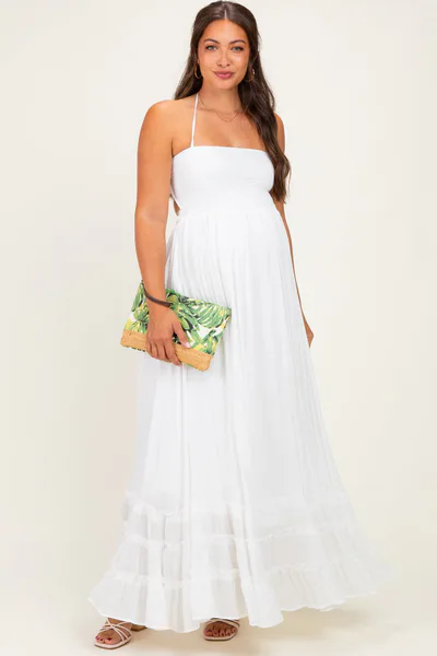 PinkBlush White Smocked Halter Open Back Maternity Maxi Dress
