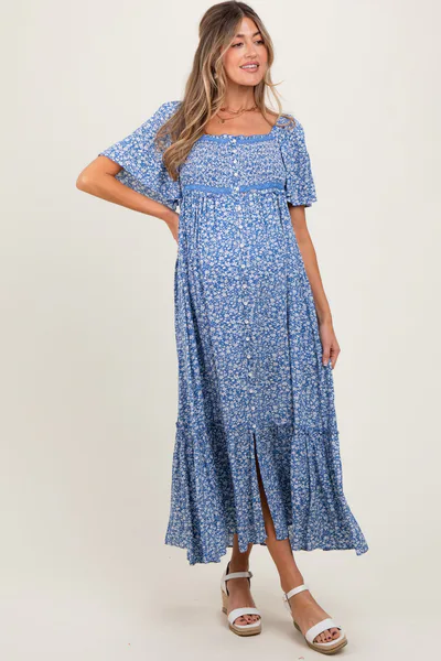 PinkBlush Navy Floral Button Front Maternity Midi Dress
