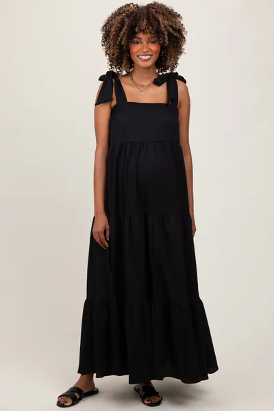PinkBlush Black Shoulder Tie Tiered Maternity Maxi Dress