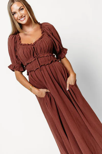 Worth Collective Sydnee Soft 100% Cotton Maxi Dress in Brown - Bump Friendly & Inclusive Sizing