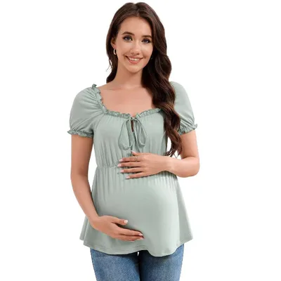 Target Maternity Shirts Puff Short Sleeves Tie Front Square Neck Casual Tops