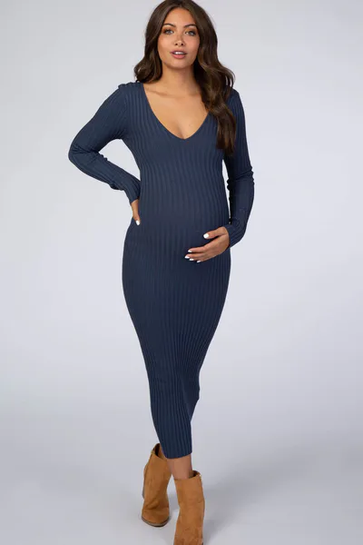 PinkBlush Blue V-Neck Long Sleeve Fitted Maternity Maxi Dress