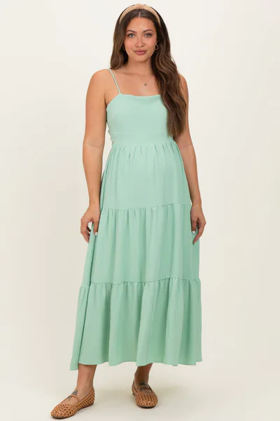 PinkBlush Sage Green Tiered Cutout Tie Back Maternity Midi Dress