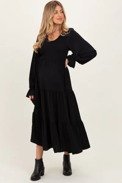 PinkBlush Black Smocked Tiered Long Sleeve Maternity Maxi Dress