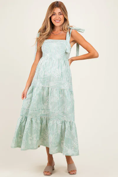PinkBlush Sage Striped Shoulder Tie Tiered Maternity Maxi Dress