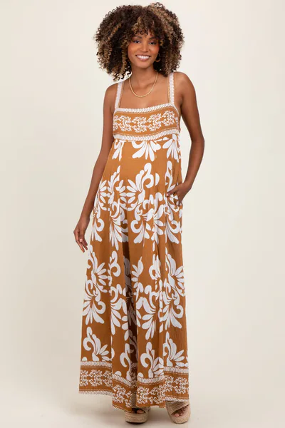 PinkBlush Camel Resort Border Print Maternity Maxi Dress