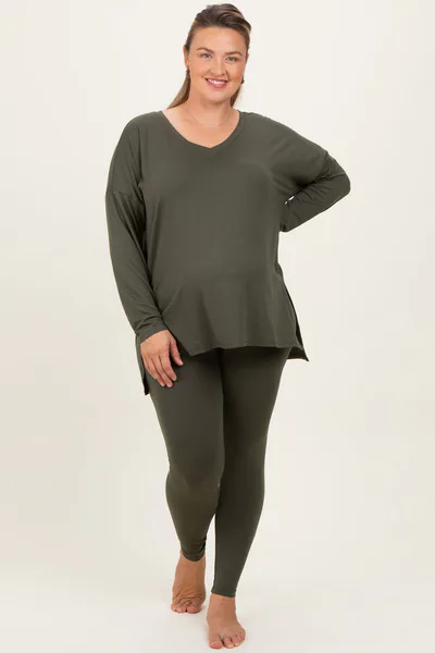PinkBlush Olive Brushed Knit Oversized Top and Legging Maternity Plus Set