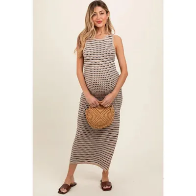 Target PinkBlush Beige Striped Knit Fitted Sleeveless Maternity Maxi Dress