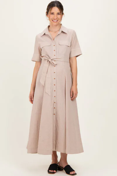 PinkBlush Beige Striped Cotton Button Down Maternity Maxi Dress