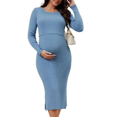 Target INSPIRE CHIC Women's Maternity 2 Pcs Set Rib Knit Long Sleeve Crop Tops with Sweater Bodycon Pregnancy Dress Medium Blue