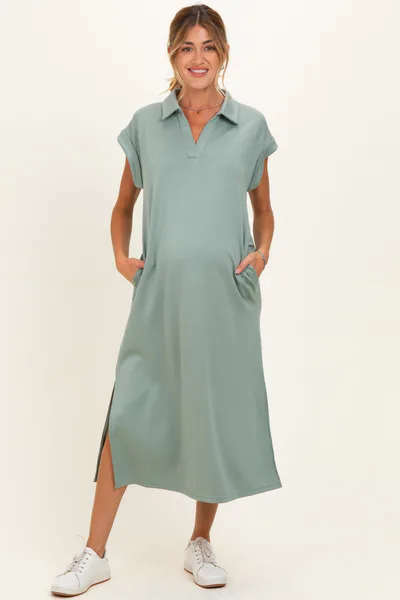 PinkBlush Sage Collared Oversized Maternity Midi Dress