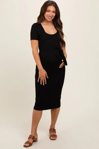 PinkBlush Black Square Neck Belted Maternity Midi Dress
