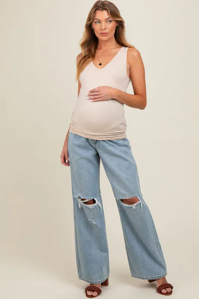 PinkBlush Light Blue Open Knee Relaxed Wide Leg Maternity Jeans
