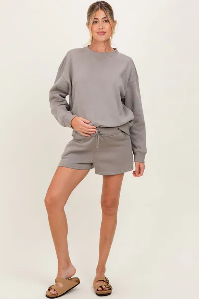 PinkBlush Taupe Fleece Sweatshirt Shorts Maternity Set