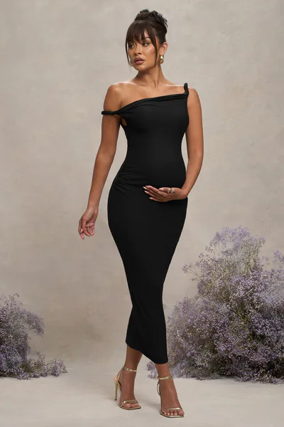 Club L London Salome | Black Twisted Asymmetric Maternity Midi Dress