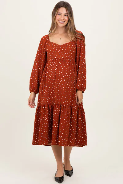 PinkBlush Rust Polka Dots Sweetheart Neck Maternity Midi Dress