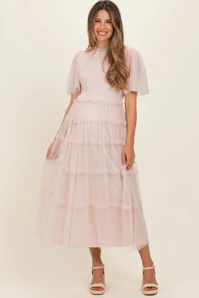 PinkBlush Cream Smocked Top Mesh Midi Dress