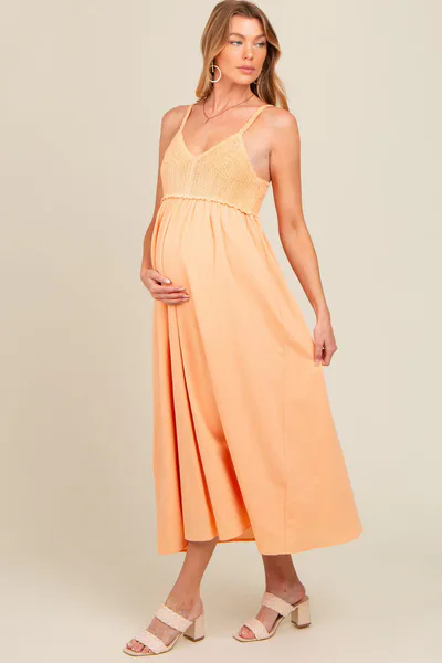 PinkBlush Peach V-Neck Crochet Top Maternity Midi Dress