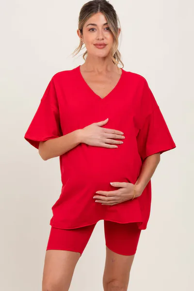 PinkBlush Red Oversized V-Neck Biker Short Maternity Set