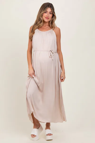 PinkBlush Cream Braided Neckline Maternity Maxi Dress