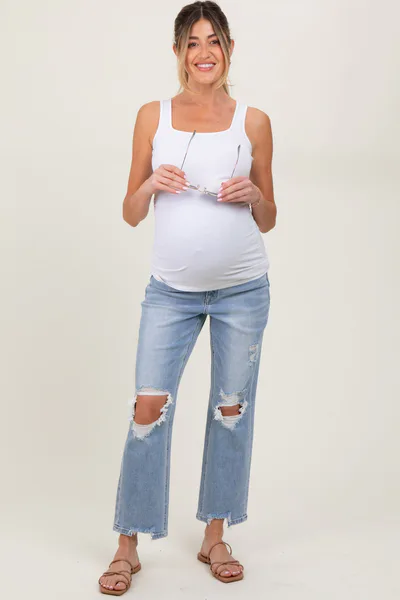 PinkBlush Light Blue Distressed Cutout Maternity Straight Leg Ankle Jeans