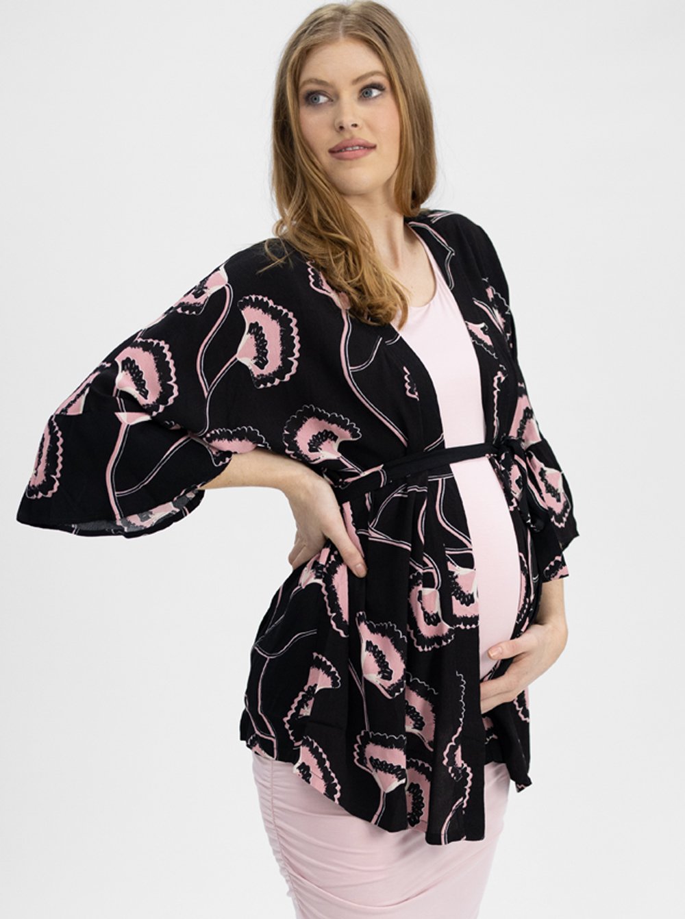 Angel Maternity Loose Fitted Kimono Style Top with Waist Tie - Black & Pink