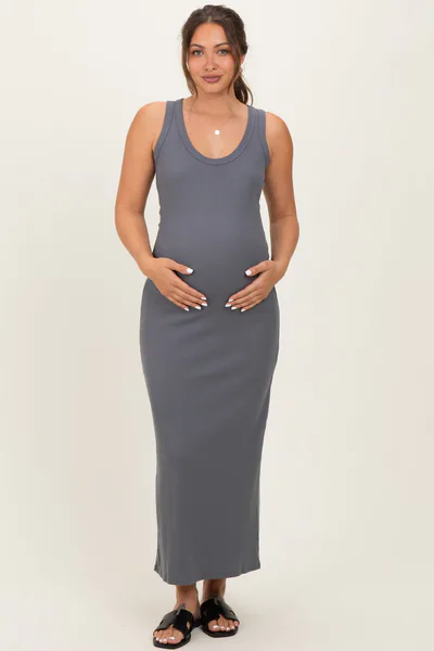 PinkBlush Charcoal Sleeveless Ribbed Maternity Maxi Dress
